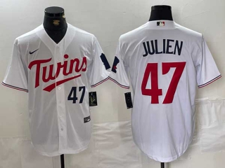 Men's MLB Minnesota Twins #47 Edouard Julien White Navy Number Cool Base Nike Stitched Jersey