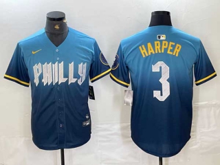 Men's MLB Philadelphia Phillies #3 Bryce Harper Blue 2024 City Connect Limited Stitched Jersey