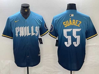 Men's MLB Philadelphia Phillies #55 Ranger Suarez Blue 2024 City Connect Limited Stitched Jersey