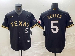 Men's MLB Texas Rangers #5 Corey Seager Black Gold Cool Base Stitched Nike Baseball Jersey