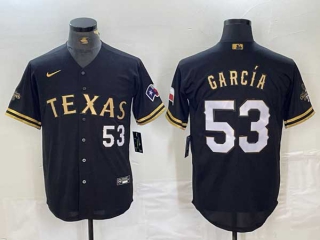 Men's MLB Texas Rangers #53 Adolis Garcia Black Gold Cool Base Stitched Nike Baseball Jersey