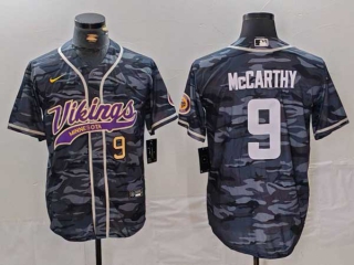 Men's NFL Minnesota Vikings #9 J.J. McCarthy Gray Camo Gold Number With Patch Cool Base Stitched Baseball Jersey