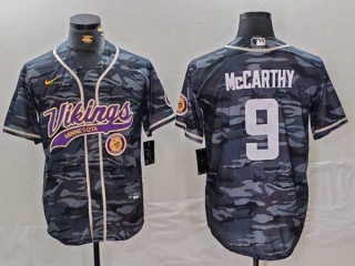 Men's NFL Minnesota Vikings #9 J.J. McCarthy Gray Camo Logo With Patch Cool Base Stitched Baseball Jersey