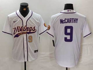 Men's NFL Minnesota Vikings #9 J.J. McCarthy White Gold Number With Patch Cool Base Stitched Baseball Jersey