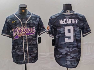 Men's NFL Minnesota Vikings #9 J.J. McCarthy Gray Camo With Patch Cool Base Stitched Baseball Jersey