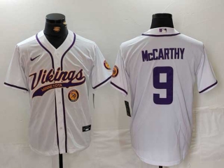 Men's NFL Minnesota Vikings #9 J.J. McCarthy White Logo With Patch Cool Base Stitched Baseball Jersey