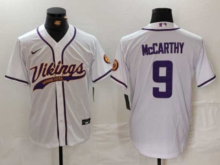 Men's NFL Minnesota Vikings #9 J.J. McCarthy White With Patch Cool Base Stitched Baseball Jersey