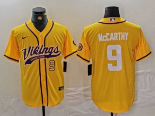 Men's NFL Minnesota Vikings #9 J.J. McCarthy Yellow Gold Number With Patch Cool Base Stitched Baseball Jersey