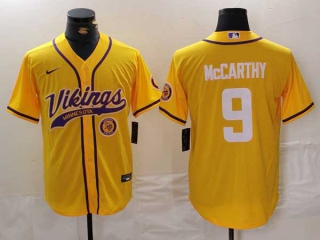 Men's NFL Minnesota Vikings #9 J.J. McCarthy Yellow Logo With Patch Cool Base Stitched Baseball Jersey