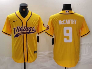 Men's NFL Minnesota Vikings #9 J.J. McCarthy Yellow With Patch Cool Base Stitched Baseball Jersey