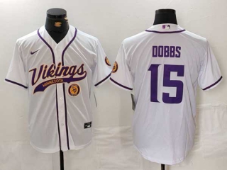 Men's NFL Minnesota Vikings #15 Joshua Dobbs White Logo With Patch Cool Base Stitched Baseball Jersey