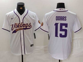 Men's NFL Minnesota Vikings #15 Joshua Dobbs White With Patch Cool Base Stitched Baseball Jersey