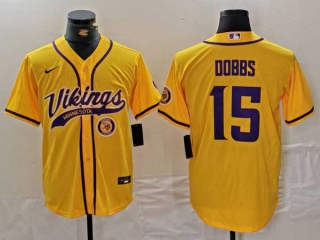 Men's NFL Minnesota Vikings #15 Joshua Dobbs Yellow Logo With Patch Cool Base Stitched Baseball Jersey