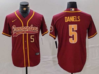 Men's NFL Washington Commanders #5 Jayden Daniels Burgundy Gold Number With Patch Cool Base Stitched Baseball Jersey