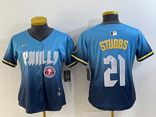 Women's MLB Philadelphia Phillies #21 Garrett Stubbs Blue Logo 2024 City Connect Limited Stitched Jersey