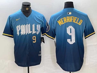 Men's MLB Philadelphia Phillies #9 Whit Merrifield Blue Gold Number 2024 City Connect Limited Stitched Jersey