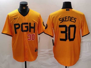 Men's MLB Pittsburgh Pirates #30 Paul Skenes Yellow Red Number 2023 City Connect Stitched Nike Jersey