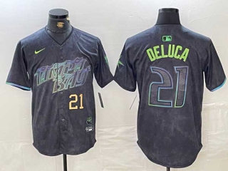 Men's MLB Tampa Bay Rays #21 Jonny DeLuca Charcoal Gold Number 2024 City Connect Limited Stitched Jersey