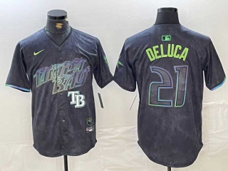 Men's MLB Tampa Bay Rays #21 Jonny DeLuca Charcoal Logo 2024 City Connect Limited Stitched Jersey