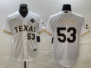 Men's MLB Texas Rangers #53 Adolis Garcia Number White Gold Cool Base Stitched Baseball Jersey