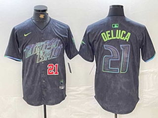 Men's MLB Tampa Bay Rays #21 Jonny DeLuca Charcoal Red Number 2024 City Connect Limited Stitched Jersey