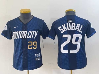 Women's MLB Detroit Tigers #29 Tarik Skubal Navy Gold Number 2024 City Connect Cool Base Limited Stitched Jersey