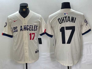 Men's MLB Los Angeles Dodgers #17 Shohei Ohtani Cream Red Number 2024 City Connect Cool Base Nike Stitched Jersey