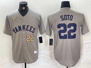 Men's MLB New York Yankees #22 Juan Soto Gray Gold Number 2024 Away Limited Cool Base Stitched Baseball Jersey