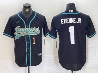 Men's NFL Jacksonville Jaguars #1 Travis Etienne Jr. Black Gold Number With Patch Cool Base Baseball Stitched Jersey