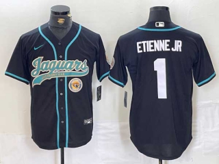 Men's NFL Jacksonville Jaguars #1 Travis Etienne Jr. Black Logo With Patch Cool Base Baseball Stitched Jersey