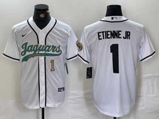 Men's NFL Jacksonville Jaguars #1 Travis Etienne Jr. White Gold Number With Patch Cool Base Baseball Stitched Jersey