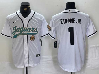 Men's NFL Jacksonville Jaguars #1 Travis Etienne Jr. White Logo With Patch Cool Base Baseball Stitched Jersey