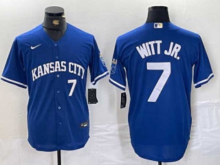 Men's MLB Kansas City Royals #7 Bobby Witt Jr Blue White Number Cool Base Stitched Nike Jersey