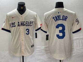 Men's MLB Los Angeles Dodgers #3 Chris Taylor Cream Blue Number 2024 City Connect Cool Base Nike Stitched Jersey