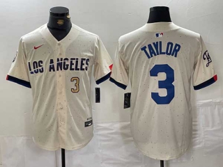 Men's MLB Los Angeles Dodgers #3 Chris Taylor Cream Gold Number 2024 City Connect Cool Base Nike Stitched Jersey