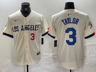 Men's MLB Los Angeles Dodgers #3 Chris Taylor Cream Red Number 2024 City Connect Cool Base Nike Stitched Jersey
