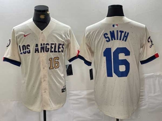 Men's MLB Los Angeles Dodgers #16 Will Smith Cream Gold Number 2024 City Connect Cool Base Nike Stitched Jersey