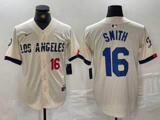 Men's MLB Los Angeles Dodgers #16 Will Smith Cream Red Number 2024 City Connect Cool Base Nike Stitched Jersey