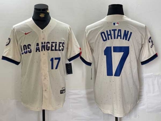 Men's MLB Los Angeles Dodgers #17 Shohei Ohtani Cream Blue Number 2024 City Connect Cool Base Nike Stitched Jersey