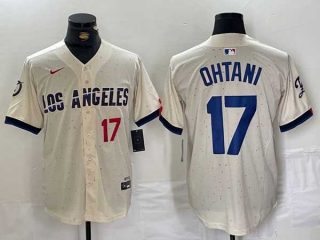 Men's MLB Los Angeles Dodgers #17 Shohei Ohtani Cream Red Number 2024 City Connect Cool Base Nike Stitched Jersey