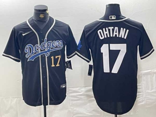 Men's MLB Los Angeles Dodgers #17 Shohei Ohtani Navy Gold Number Cool Base With Patch Stitched Nike Baseball Jersey