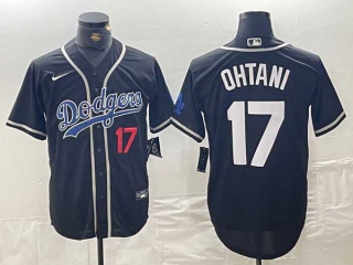 Men's MLB Los Angeles Dodgers #17 Shohei Ohtani Navy Red Number Cool Base With Patch Stitched Nike Baseball Jersey