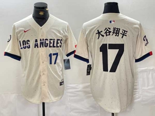 Men's MLB Los Angeles Dodgers #17 大谷翔平 Cream Blue Number 2024 City Connect Cool Base Nike Stitched Jersey