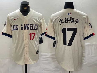 Men's MLB Los Angeles Dodgers #17 大谷翔平 Cream Red Number 2024 City Connect Cool Base Nike Stitched Jersey