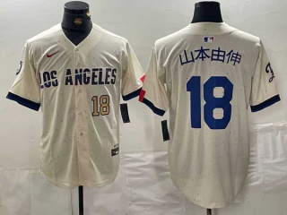 Men's MLB Los Angeles Dodgers #18 山本由伸 Cream Gold Number 2024 City Connect Cool Base Nike Stitched Jersey