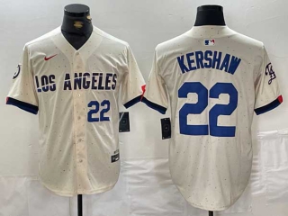 Men's MLB Los Angeles Dodgers #22 Clayton Kershaw Cream Blue Number 2024 City Connect Cool Base Nike Stitched Jersey