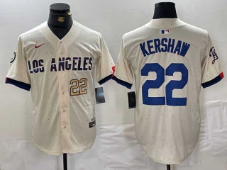 Men's MLB Los Angeles Dodgers #22 Clayton Kershaw Cream Gold Number 2024 City Connect Cool Base Nike Stitched Jersey