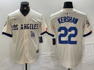 Men's MLB Los Angeles Dodgers #22 Clayton Kershaw Cream Logo 2024 City Connect Cool Base Nike Stitched Jersey