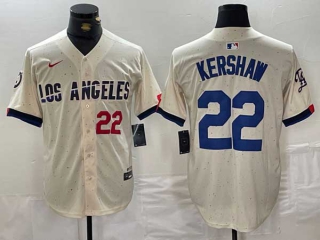 Men's MLB Los Angeles Dodgers #22 Clayton Kershaw Cream Red Number 2024 City Connect Cool Base Nike Stitched Jersey