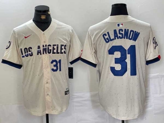 Men's MLB Los Angeles Dodgers #31 Tyler Glasnow Cream Blue Number 2024 City Connect Cool Base Nike Stitched Jersey
